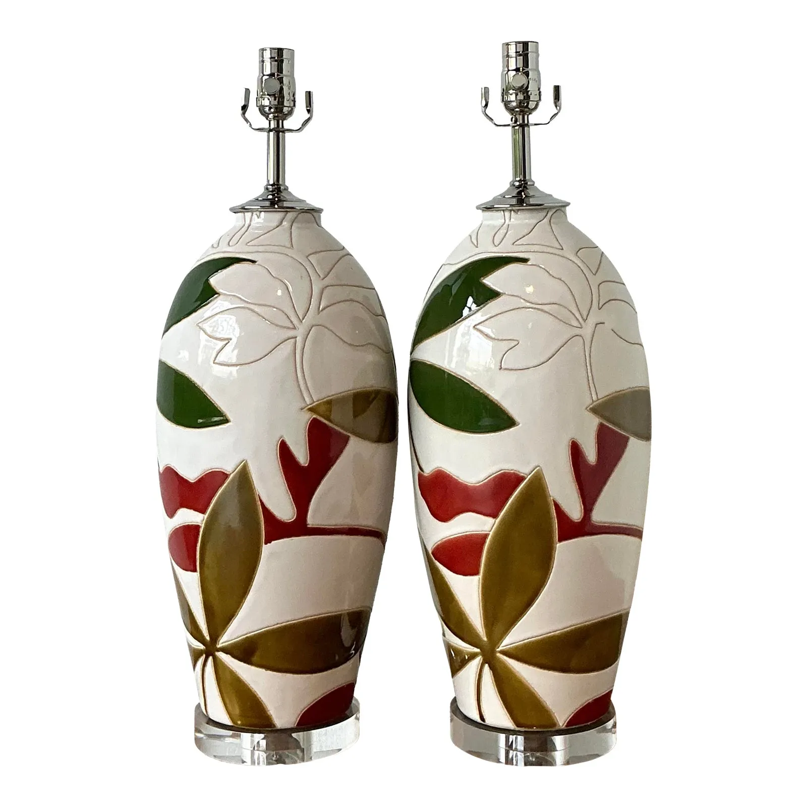 Vintage Boho Etched Glazed Ceramic Lamps - A Pair