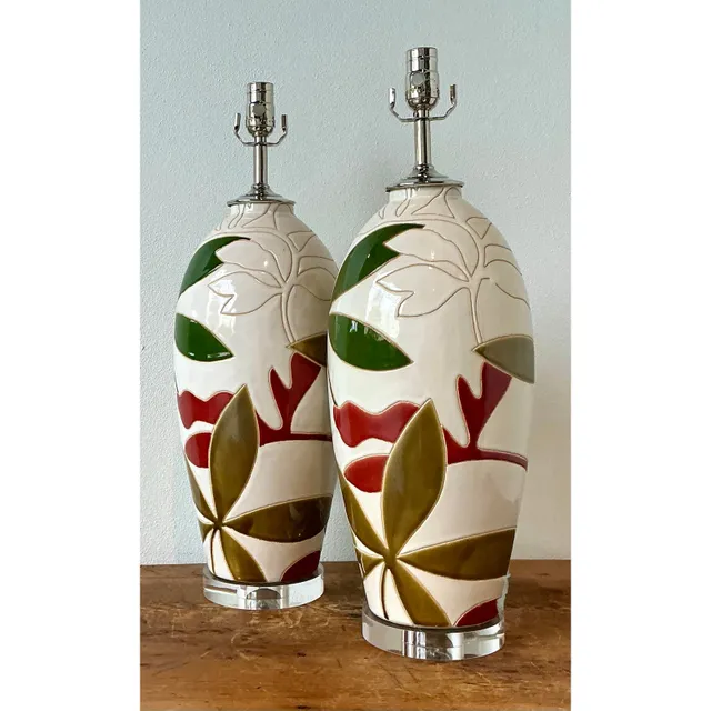 Vintage Boho Etched Glazed Ceramic Lamps - A Pair — additional photo 2
