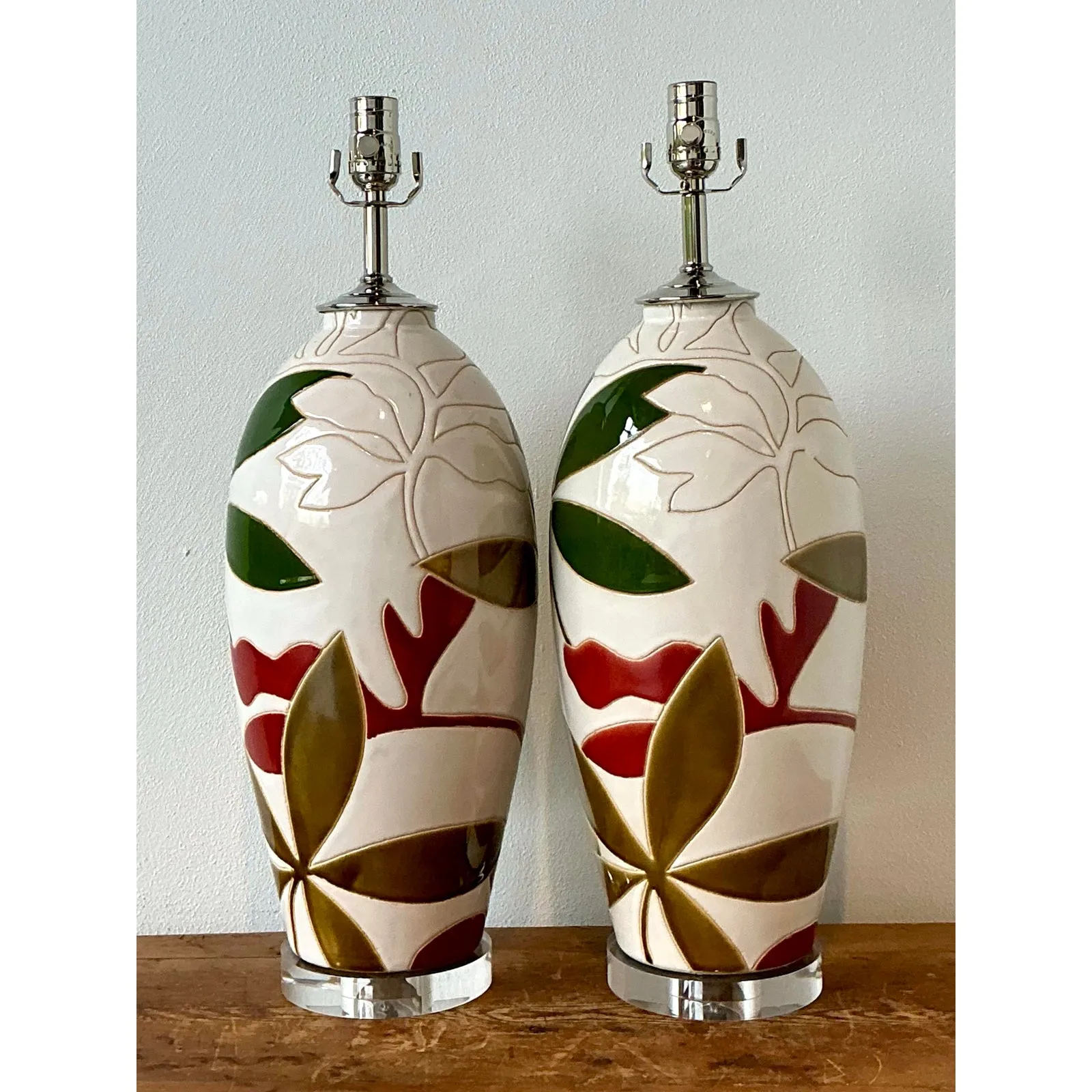 Vintage Boho Etched Glazed Ceramic Lamps - A Pair — additional photo 3