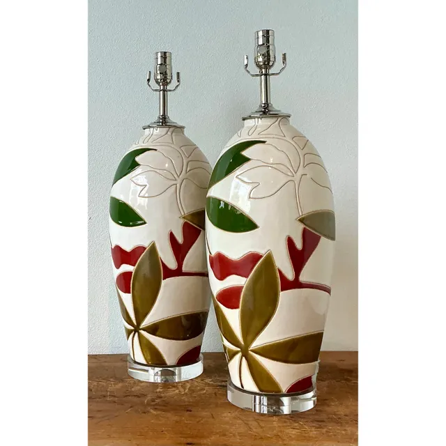 Vintage Boho Etched Glazed Ceramic Lamps - A Pair — additional photo 4