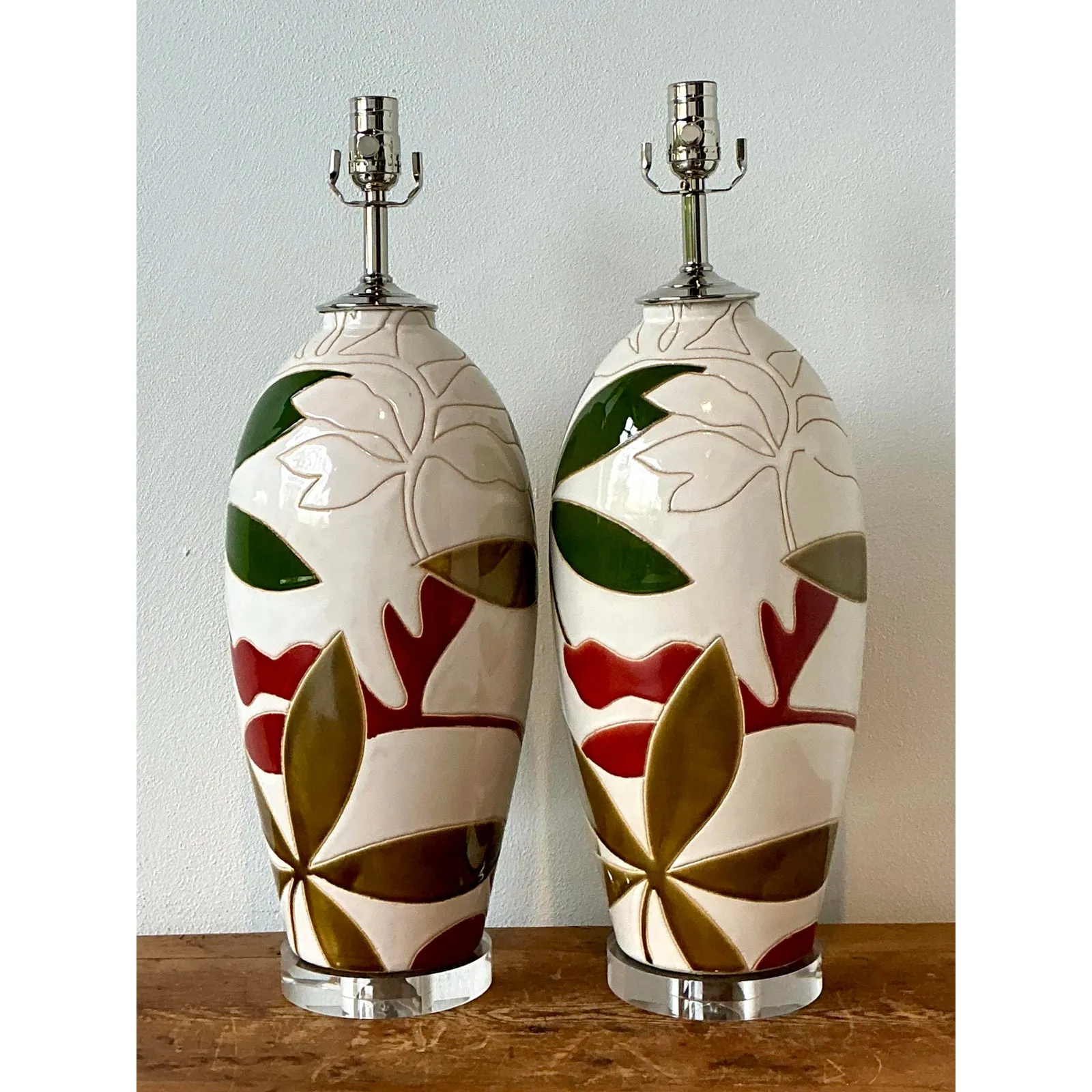 Vintage Boho Etched Glazed Ceramic Lamps - A Pair — additional photo 5