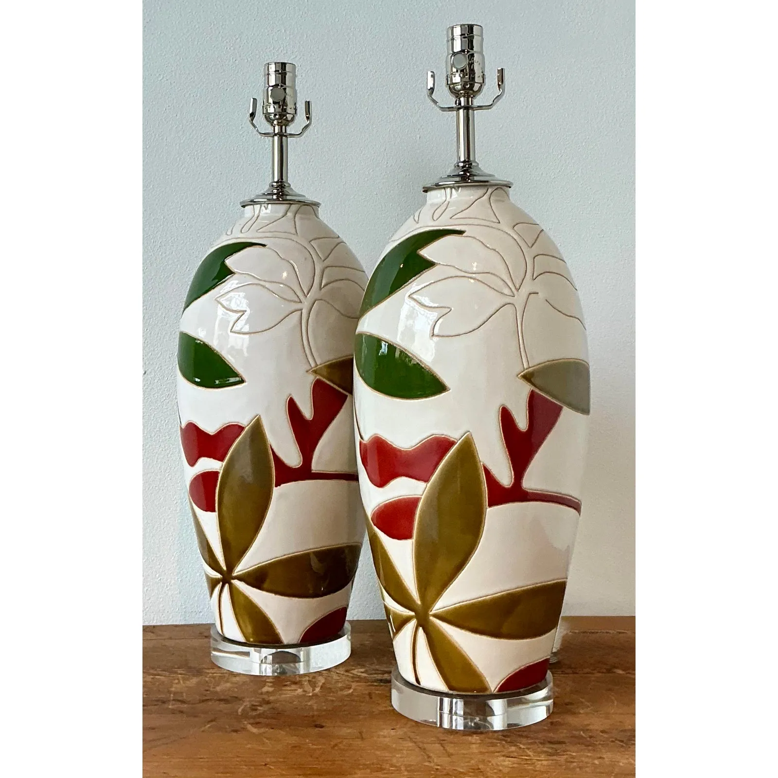 Vintage Boho Etched Glazed Ceramic Lamps - A Pair — additional photo 7