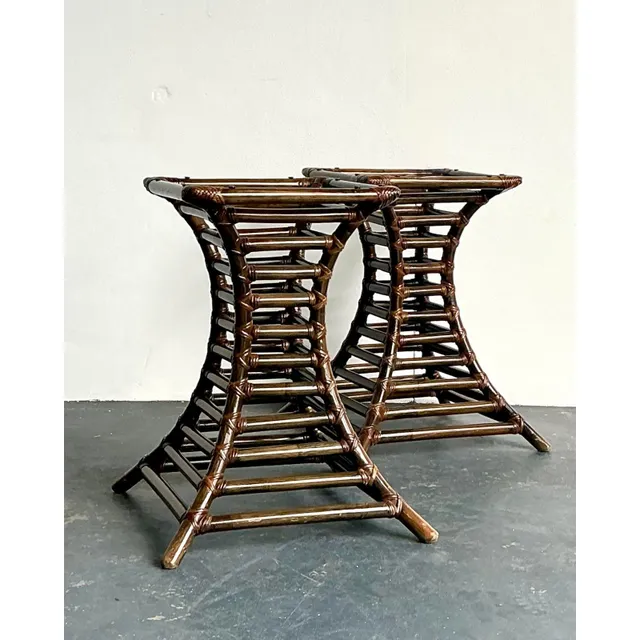 Vintage Boho Willow and Reed Stacked Rattan Table Pedestals - A Pair — additional photo 1
