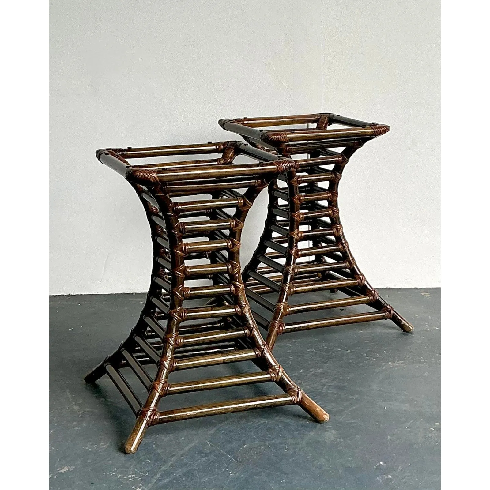 Vintage Boho Willow and Reed Stacked Rattan Table Pedestals - A Pair — additional photo 2