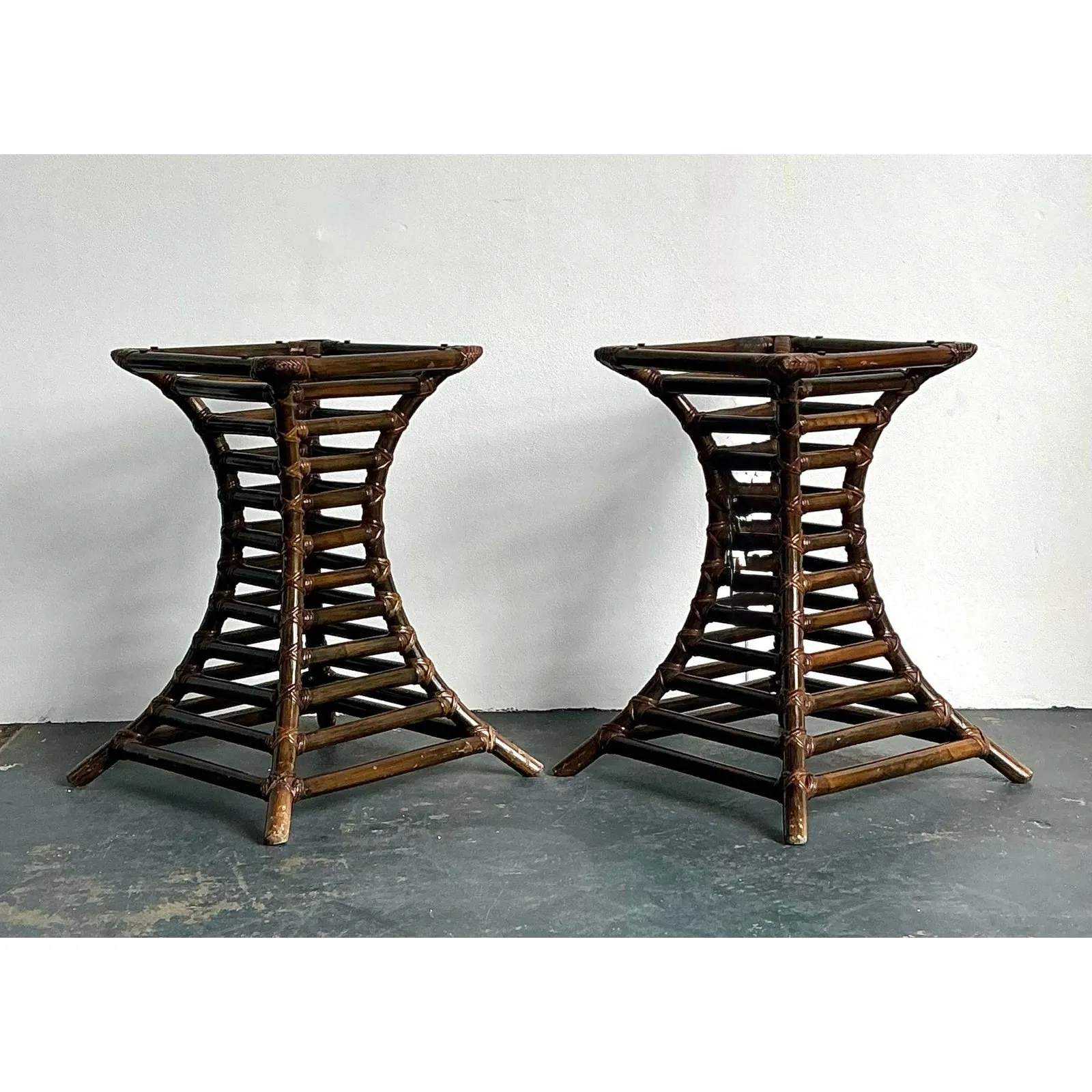 Vintage Boho Willow and Reed Stacked Rattan Table Pedestals - A Pair — additional photo 3