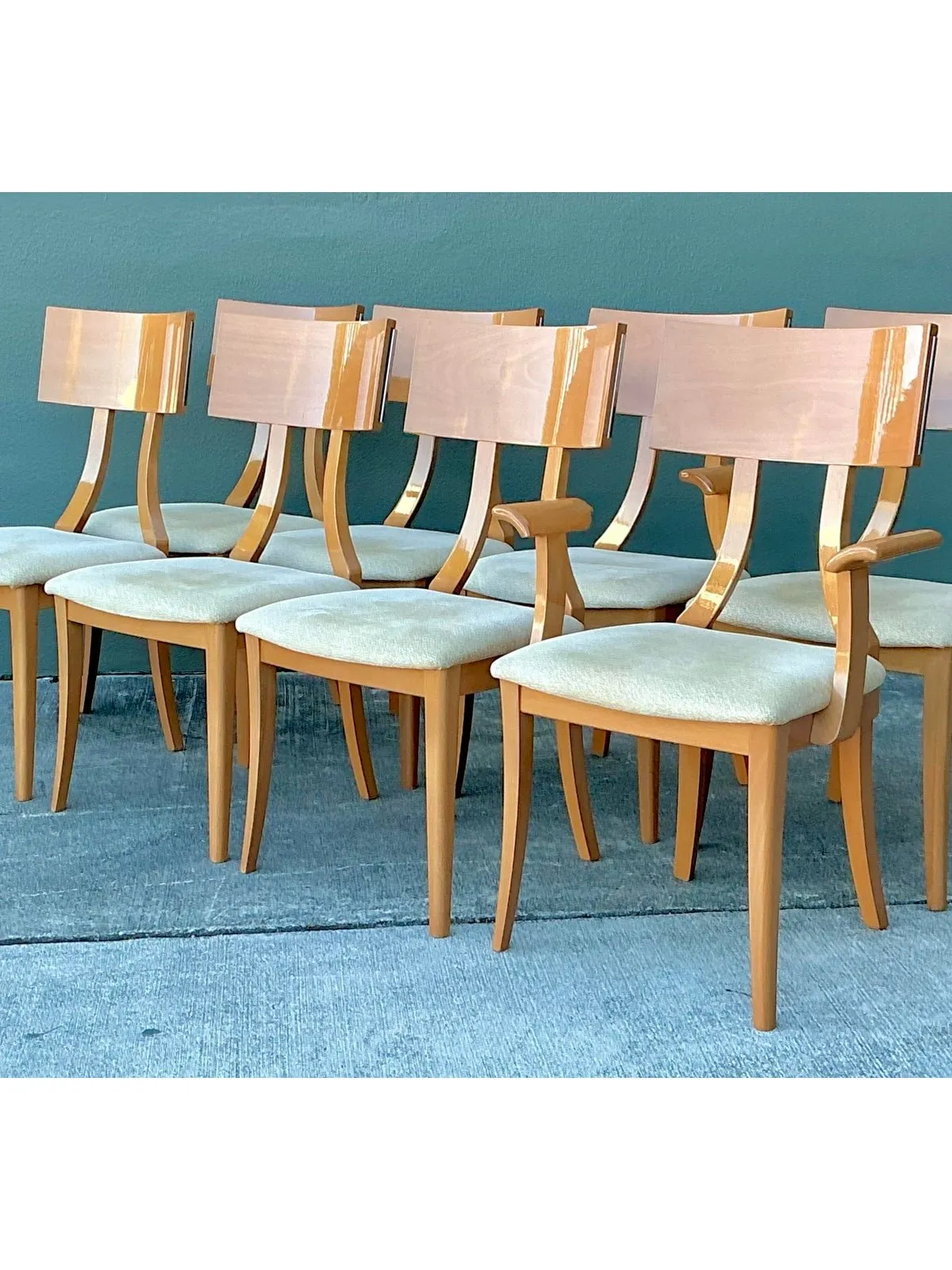 Vintage Italian Burl Wood and Chrome Klismos Dining Chairs - Set of 8