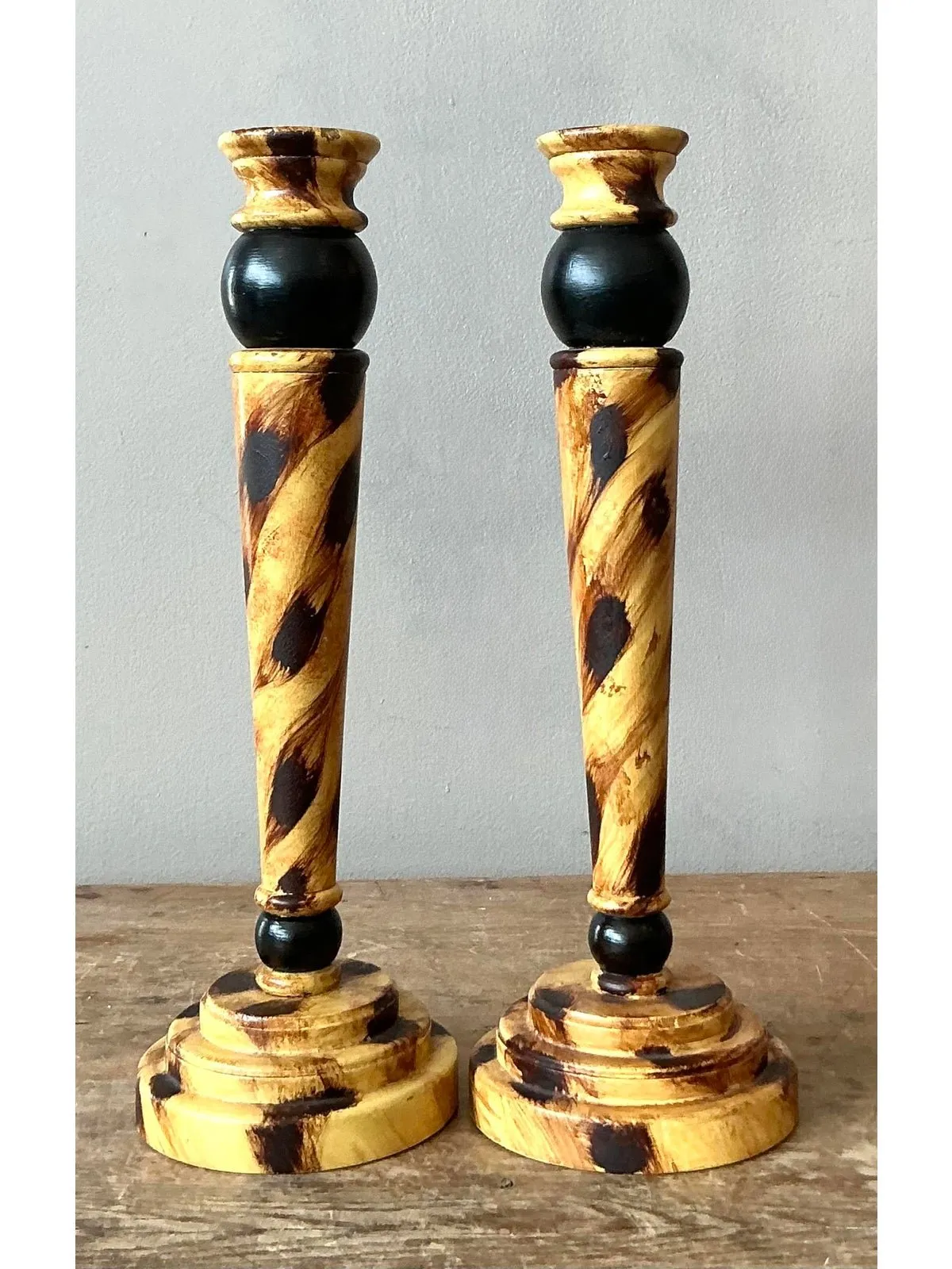 Vintage Boho Hand Painted Tortoise Wooden Candlesticks - Set of 2