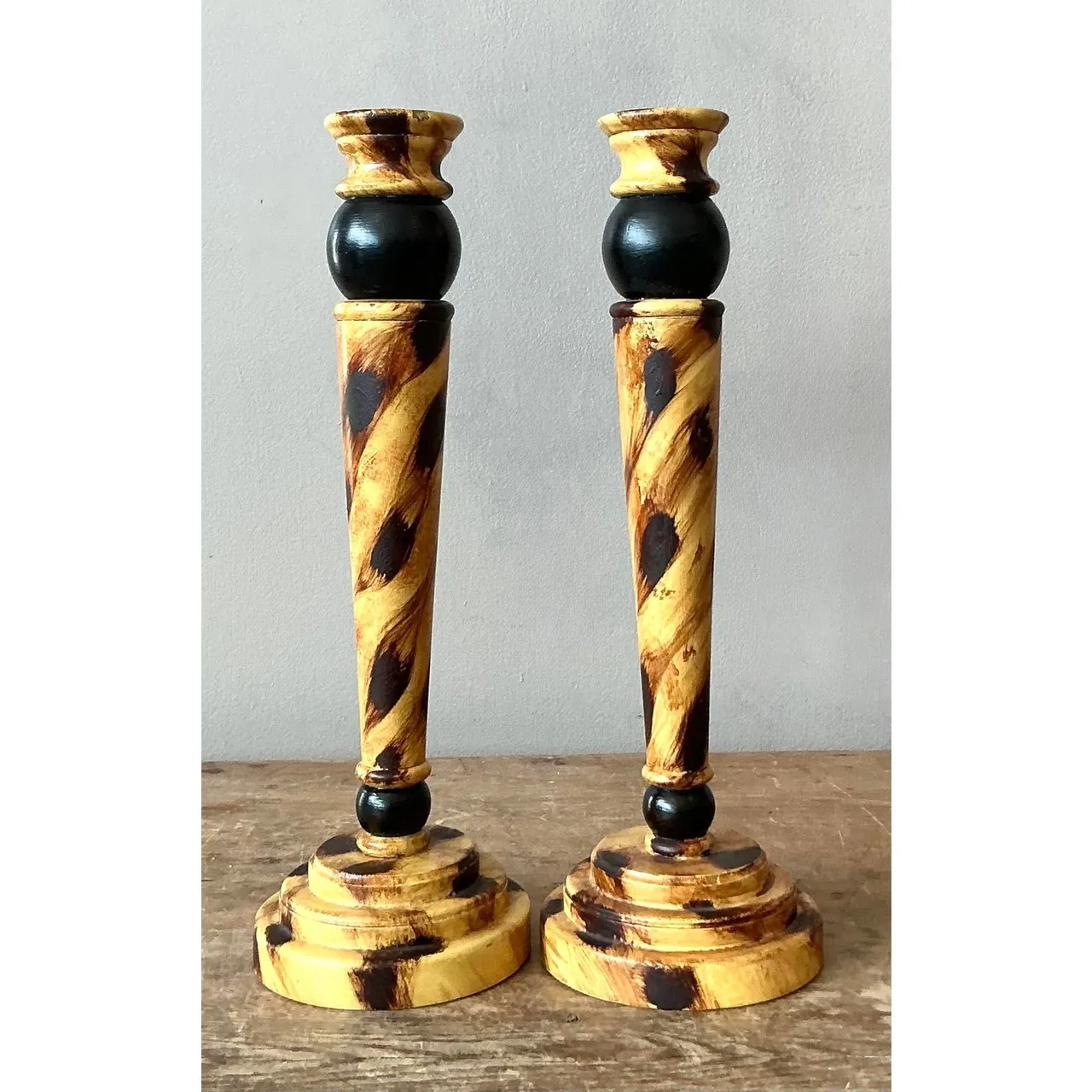 Vintage Boho Hand Painted Tortoise Wooden Candlesticks - Set of 2