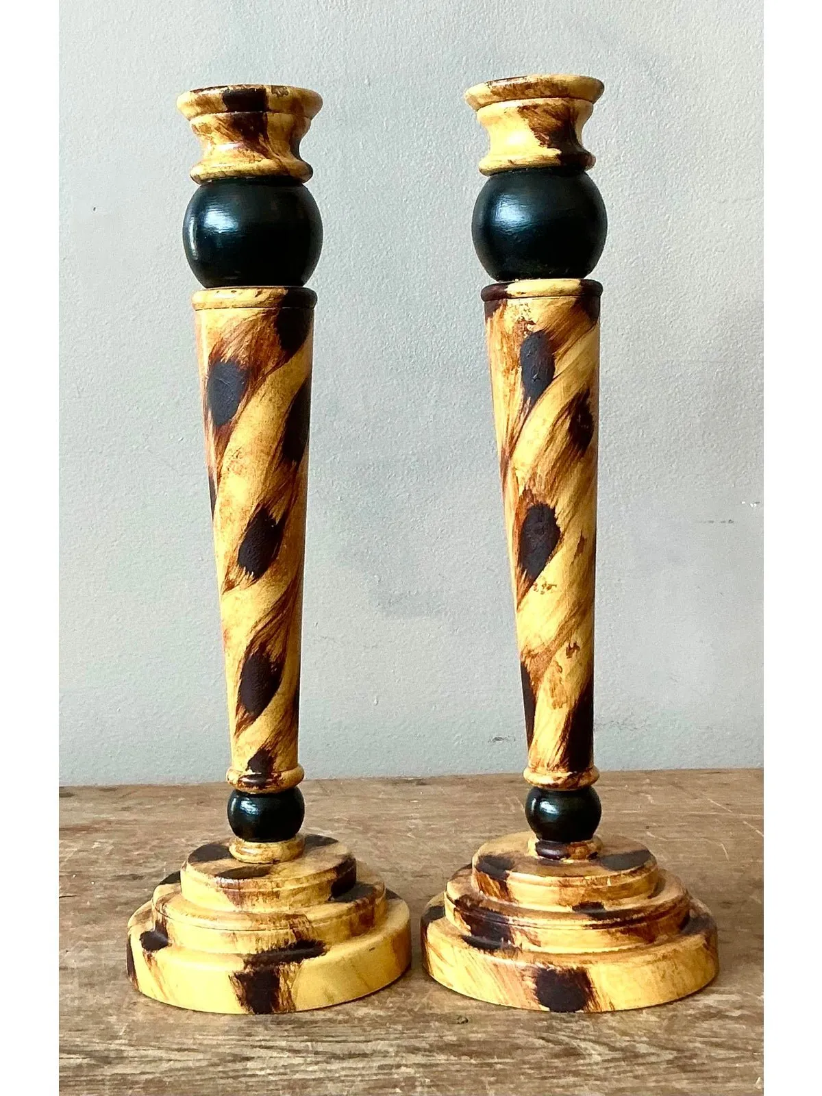 Vintage Boho Hand Painted Tortoise Wooden Candlesticks - Set of 2 — additional photo 1