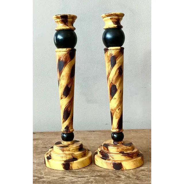 Vintage Boho Hand Painted Tortoise Wooden Candlesticks - Set of 2 — additional photo 1