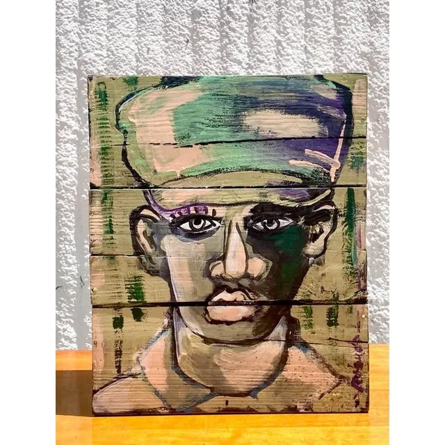 Contemporary Original Abstract Oil Portrait on Crate Signed Roland — additional photo 3