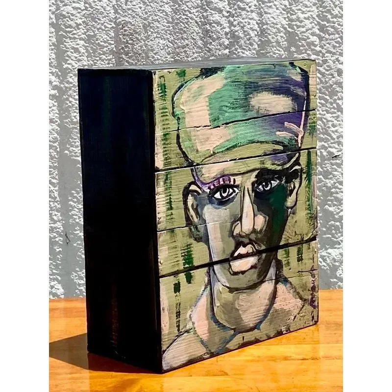 Contemporary Original Abstract Oil Portrait on Crate Signed Roland — additional photo 5