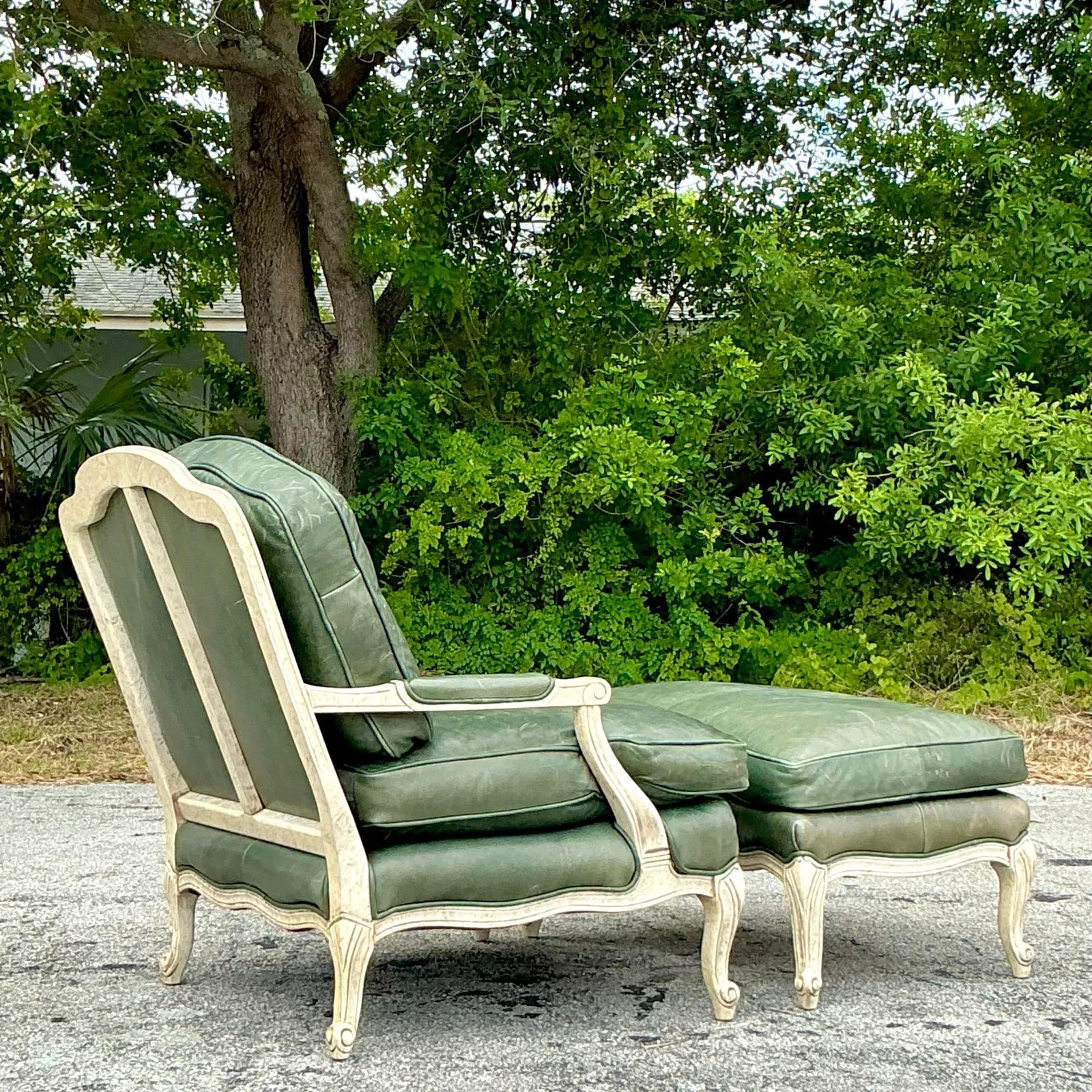 Vintage Regency Provincial Green Leather Lounge Chair and Ottoman — additional photo 1