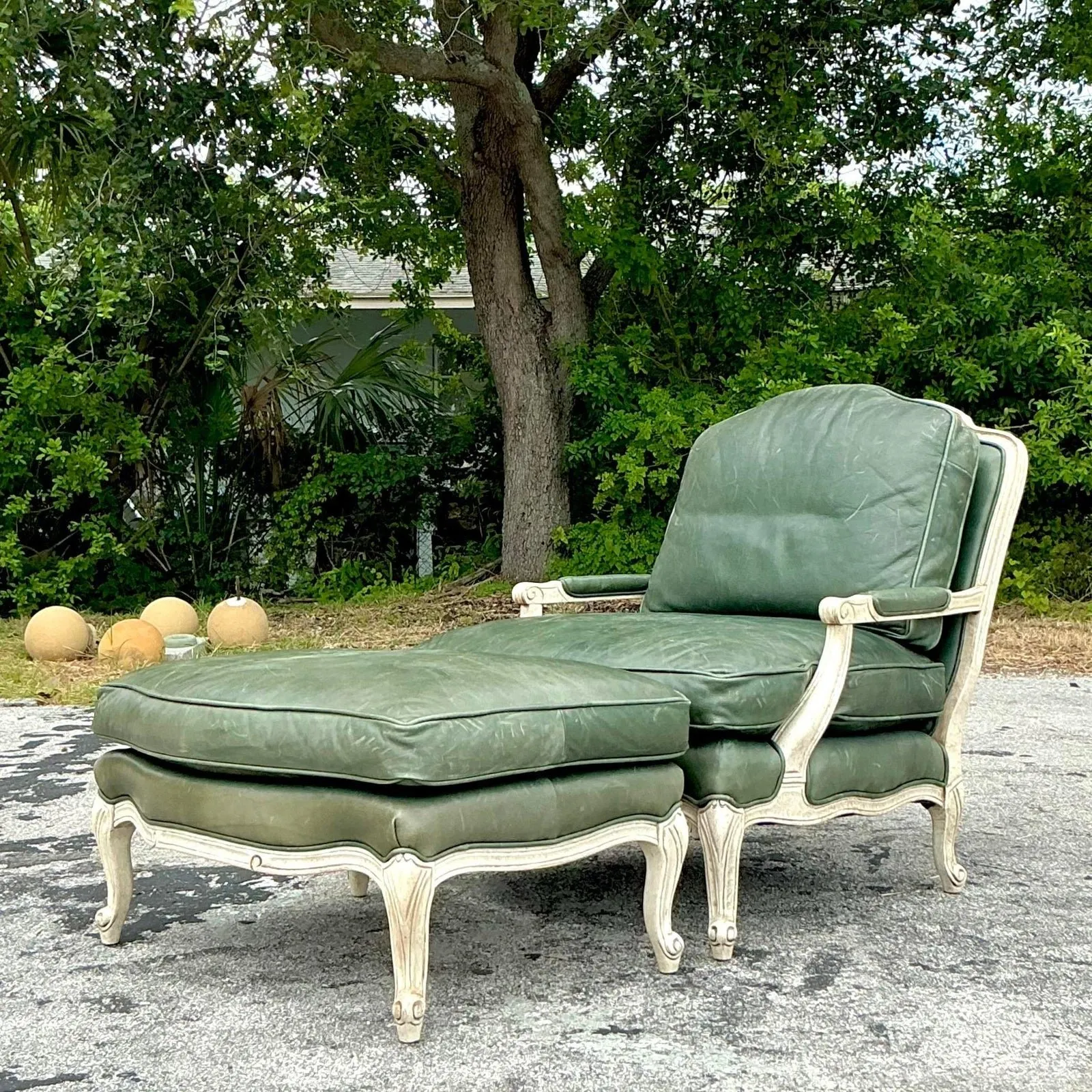 Vintage Regency Provincial Green Leather Lounge Chair and Ottoman