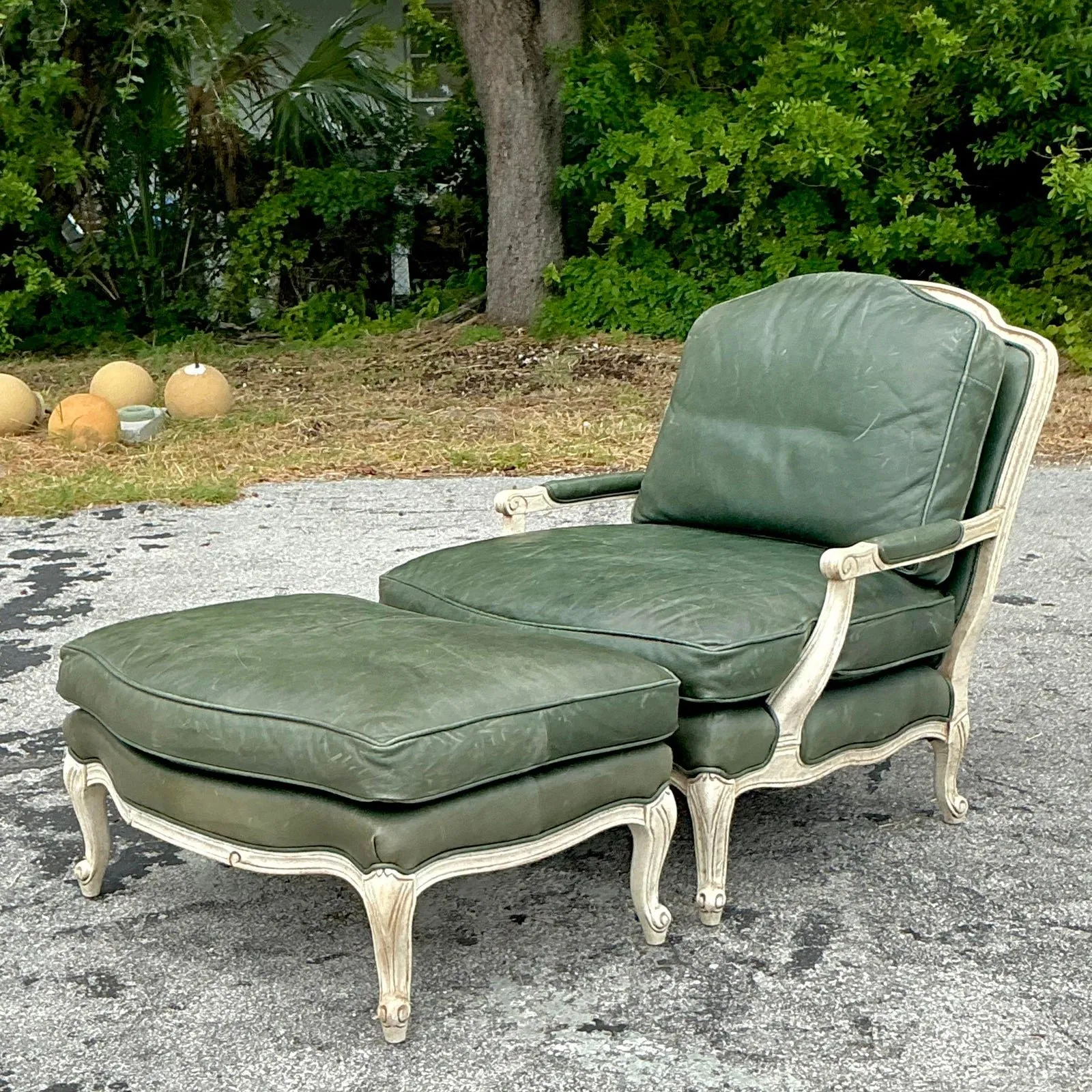 Vintage Regency Provincial Green Leather Lounge Chair and Ottoman — additional photo 3