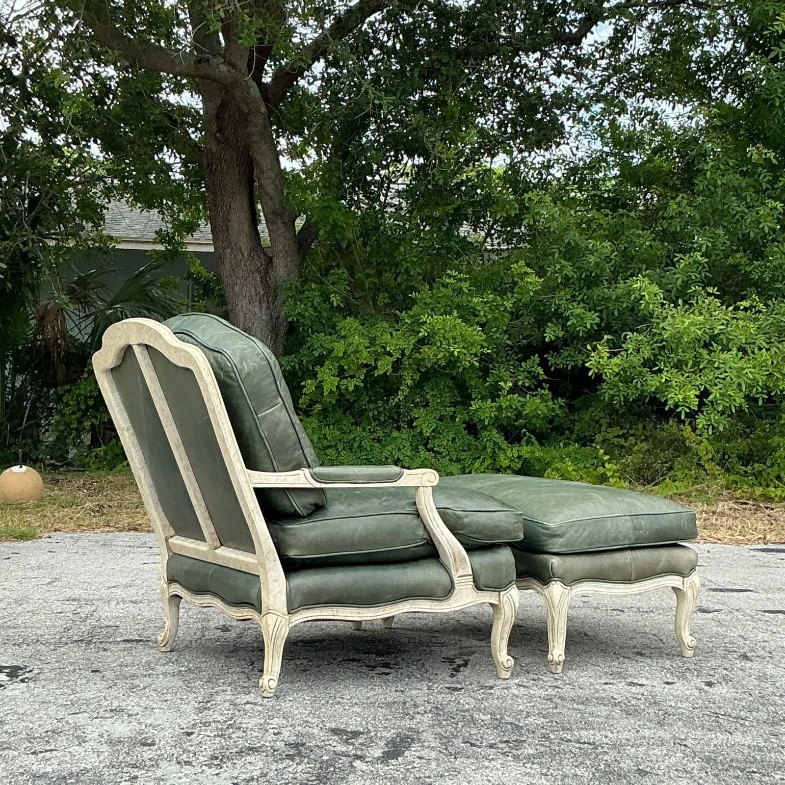 Vintage Regency Provincial Green Leather Lounge Chair and Ottoman — additional photo 4