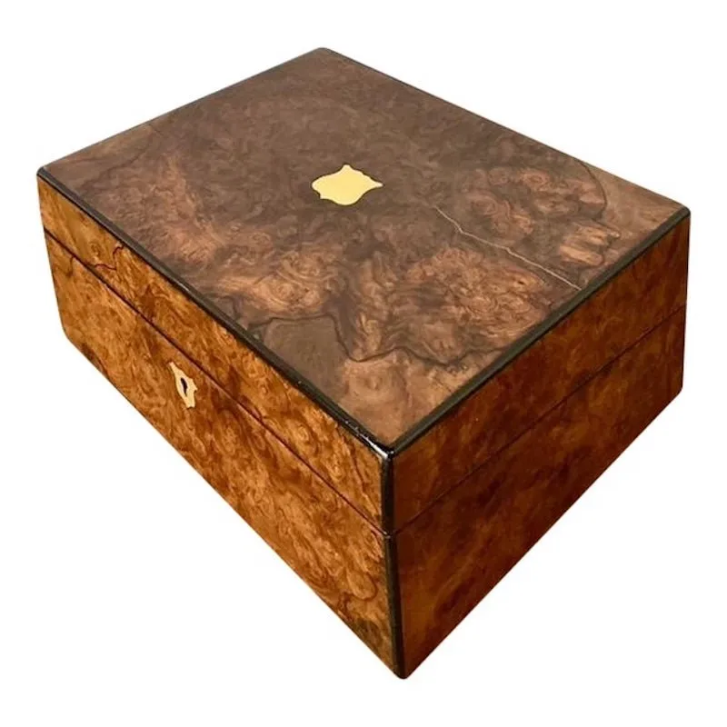 Vintage Brass Inlay Burl Wood Traveling Writing Desk Box — additional photo 1