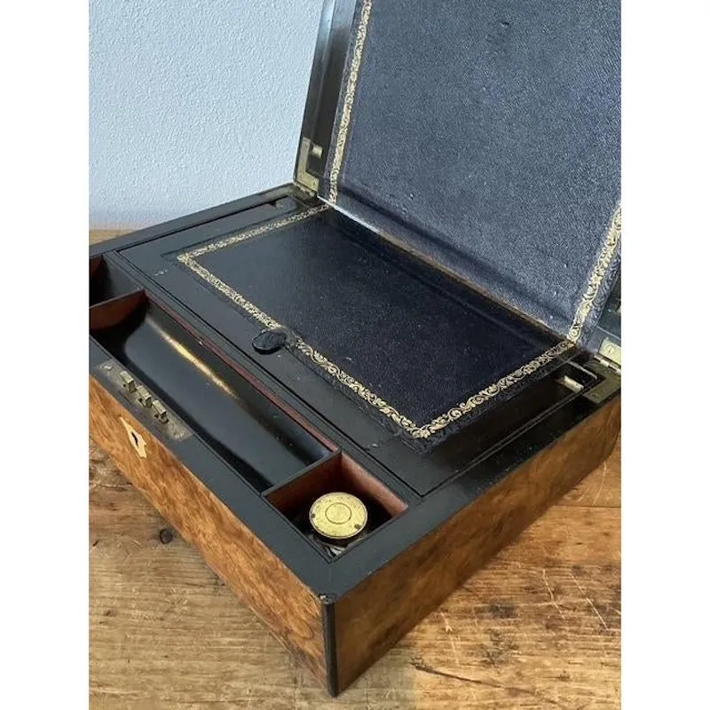 Vintage Brass Inlay Burl Wood Traveling Writing Desk Box — additional photo 2