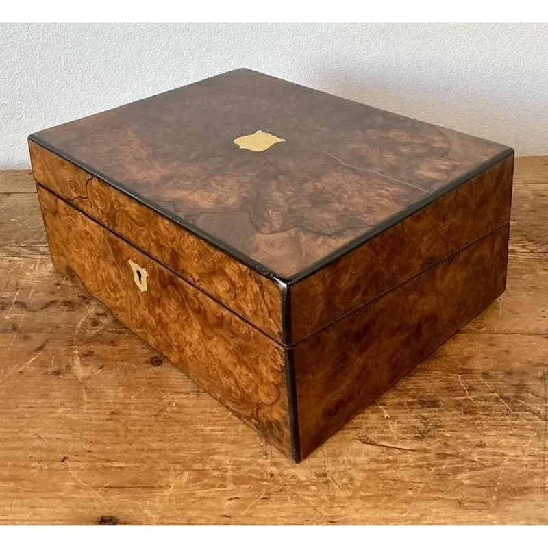 Vintage Brass Inlay Burl Wood Traveling Writing Desk Box — additional photo 3