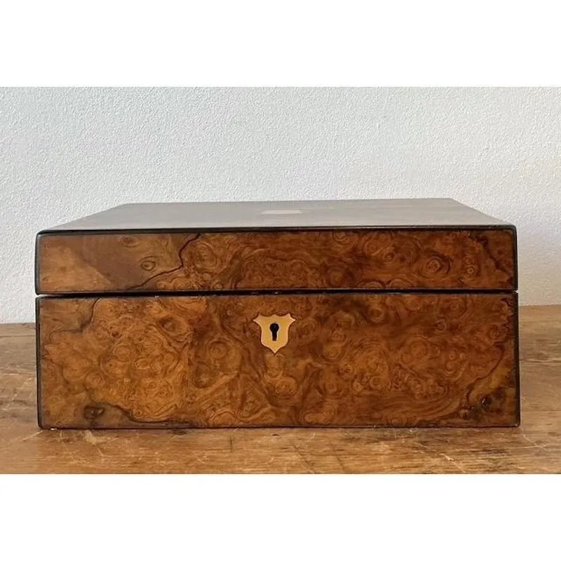 Vintage Brass Inlay Burl Wood Traveling Writing Desk Box — additional photo 4