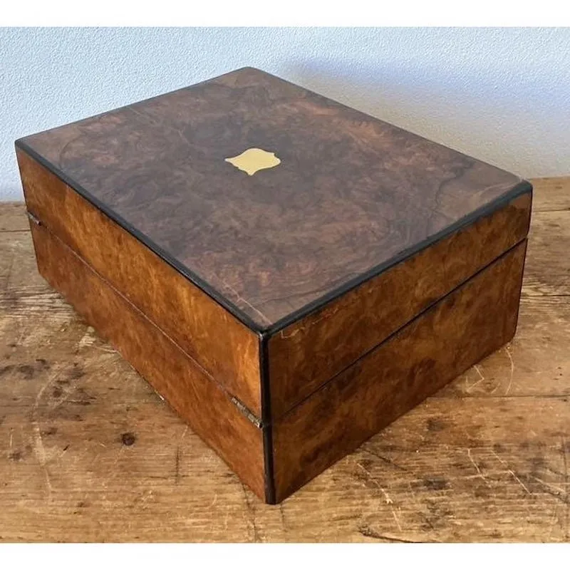 Vintage Brass Inlay Burl Wood Traveling Writing Desk Box — additional photo 7