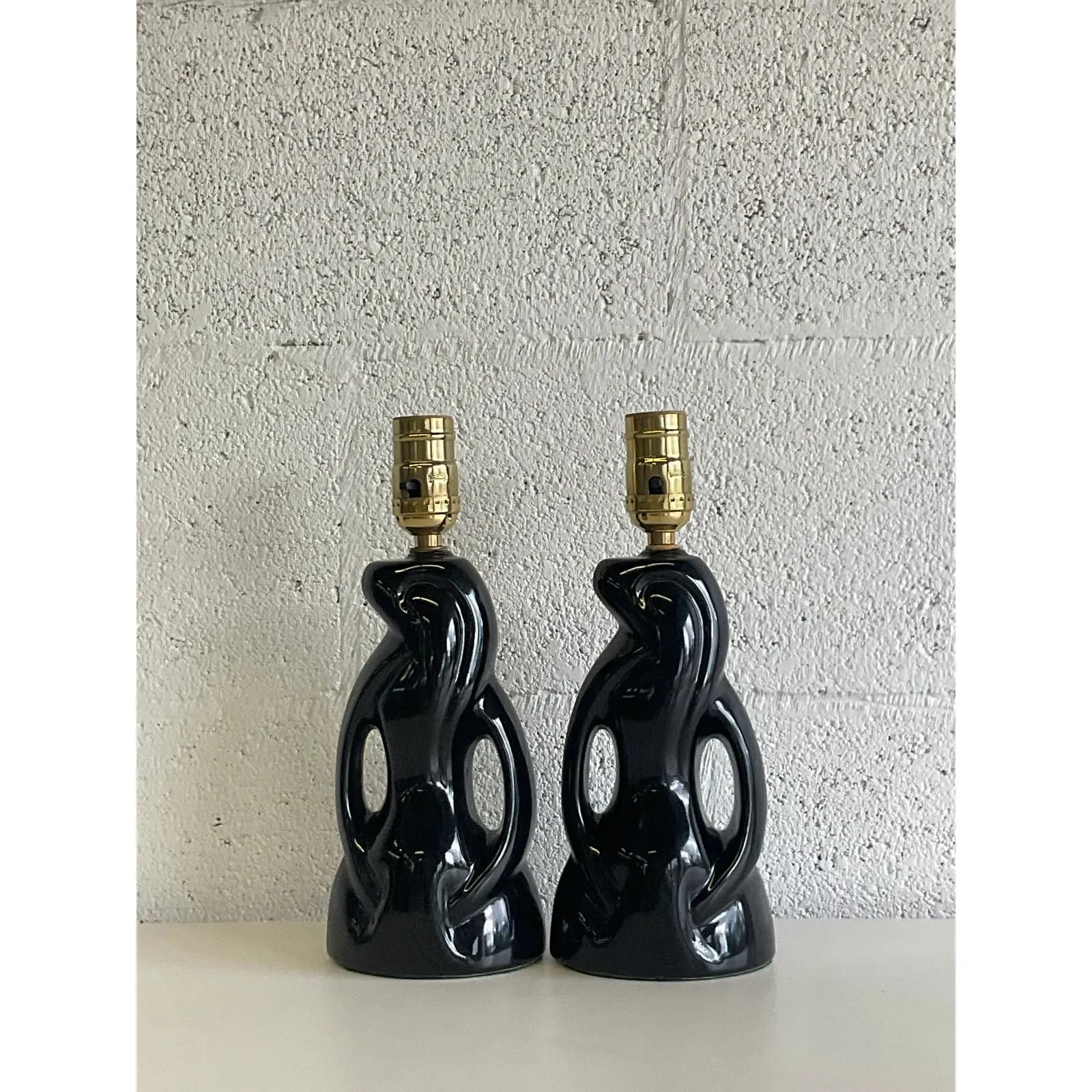 Midcentury Abstract Black Glazed Ceramic Boudoir Lamps - a Pair — additional photo 4