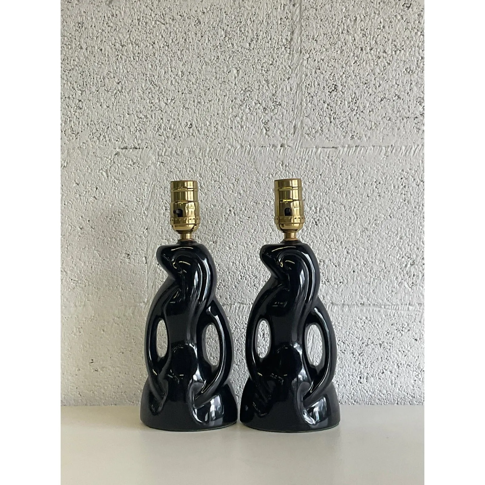 Midcentury Abstract Black Glazed Ceramic Boudoir Lamps - a Pair — additional photo 1