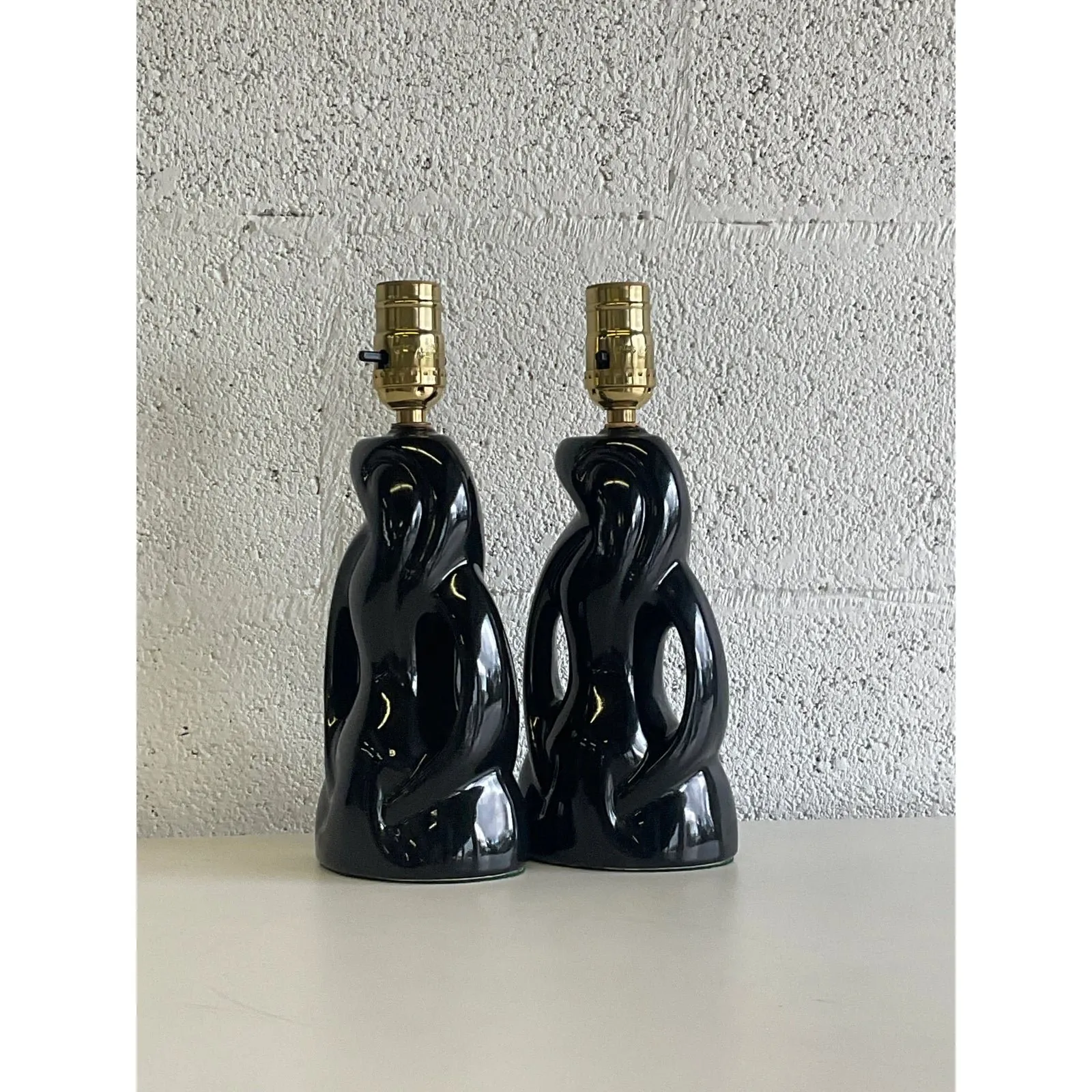 Midcentury Abstract Black Glazed Ceramic Boudoir Lamps - a Pair — additional photo 2