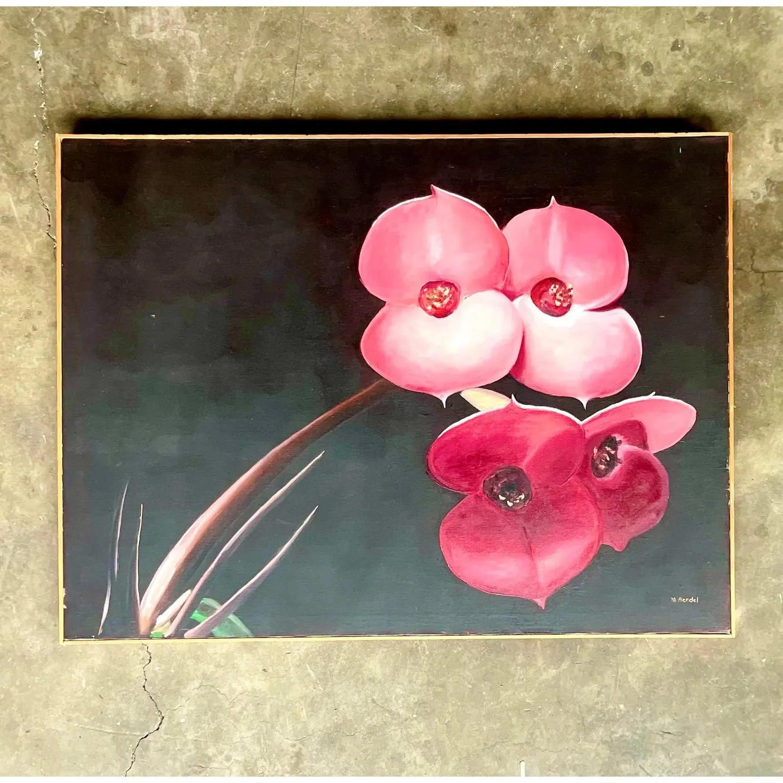 Vintage Boho Op Signed Original Oil Painting of Orchid Blooms — additional photo 1