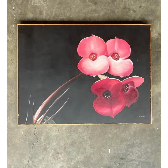 Vintage Boho Op Signed Original Oil Painting of Orchid Blooms — additional photo 3