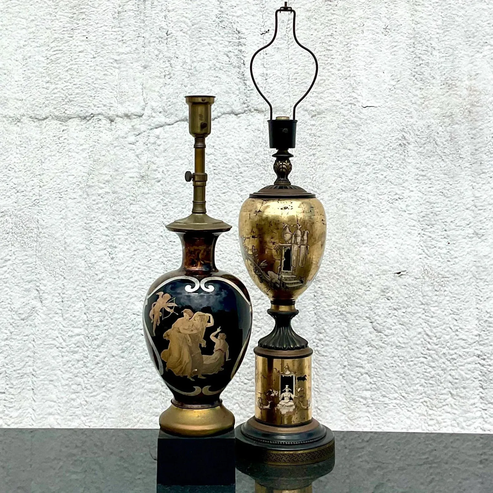 Vintage Regency Italian Reverse Painted Glass Lamp After Fornasetti — additional photo 3