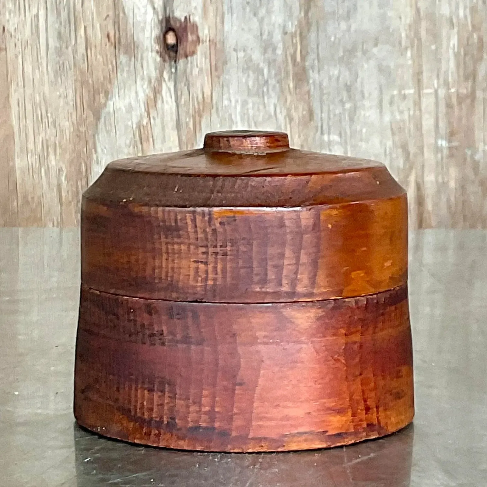 Vintage Boho Round Lidded Wood Box — additional photo 2