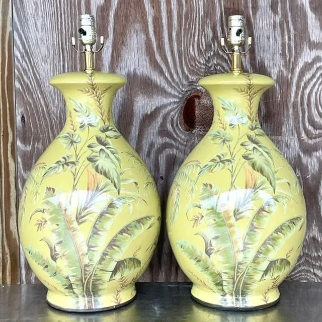 Vintage Coastal Banana Leaf Glazed Ceramic Lamps - a Pair — additional photo 2