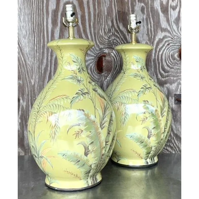 Vintage Coastal Banana Leaf Glazed Ceramic Lamps - a Pair — additional photo 3