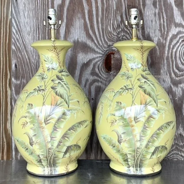 Vintage Coastal Banana Leaf Glazed Ceramic Lamps - a Pair — additional photo 6