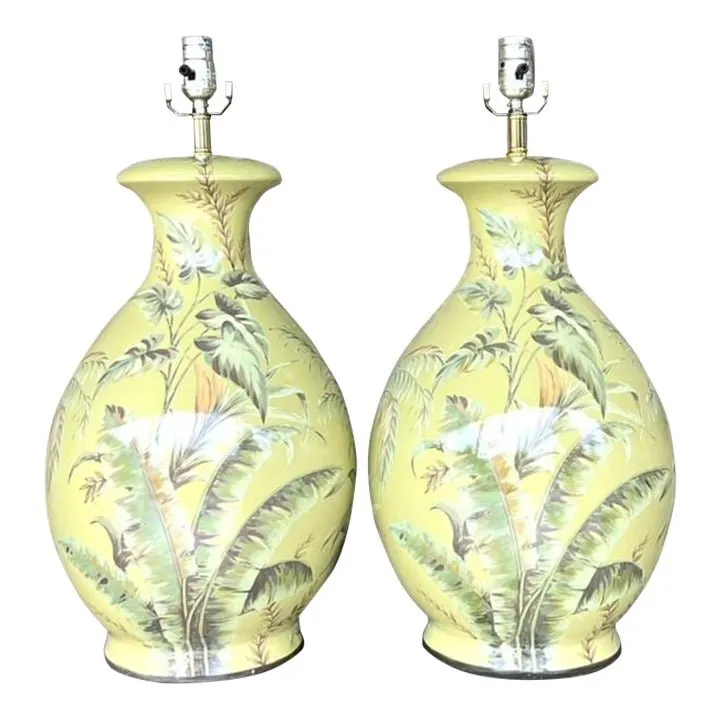 Vintage Coastal Banana Leaf Glazed Ceramic Lamps - a Pair