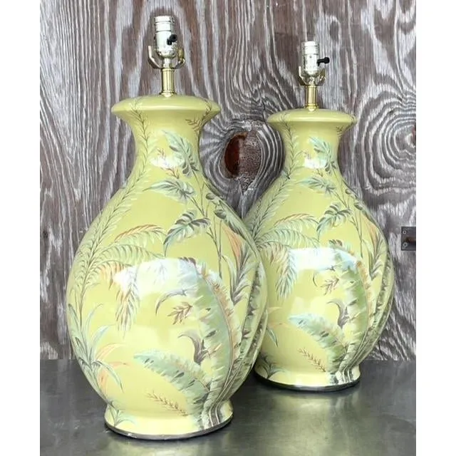 Vintage Coastal Banana Leaf Glazed Ceramic Lamps - a Pair — additional photo 8