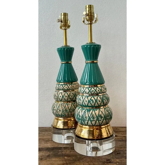 Vintage MCM Glazed Ceramic Lamps - A Pair - Acrylic, 6W x 20.5H — additional photo 3