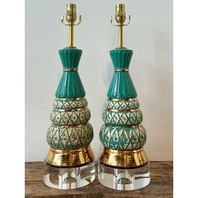 Vintage MCM Glazed Ceramic Lamps - A Pair - Acrylic, 6W x 20.5H — additional photo 1