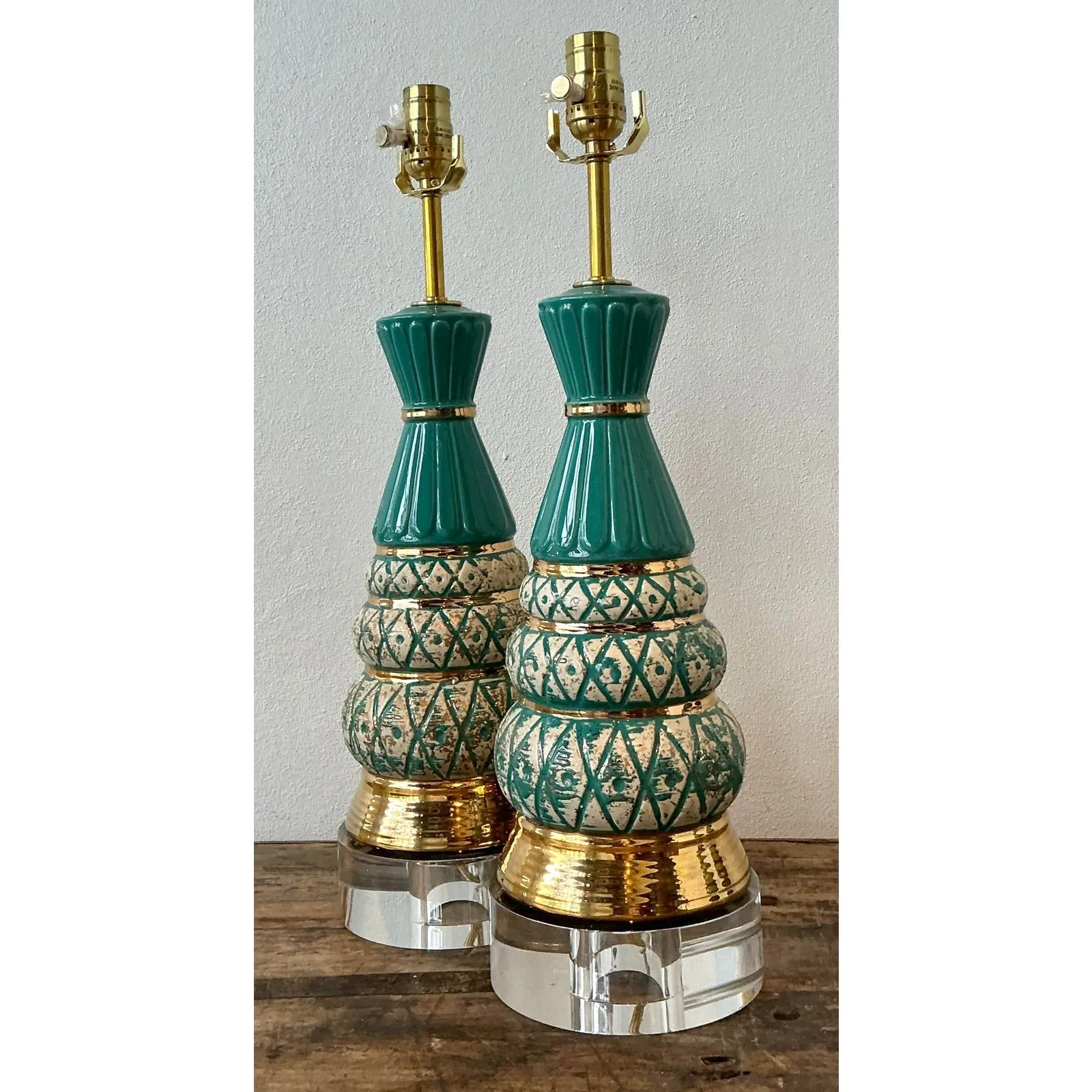 Vintage MCM Glazed Ceramic Lamps - A Pair - Acrylic, 6W x 20.5H — additional photo 5