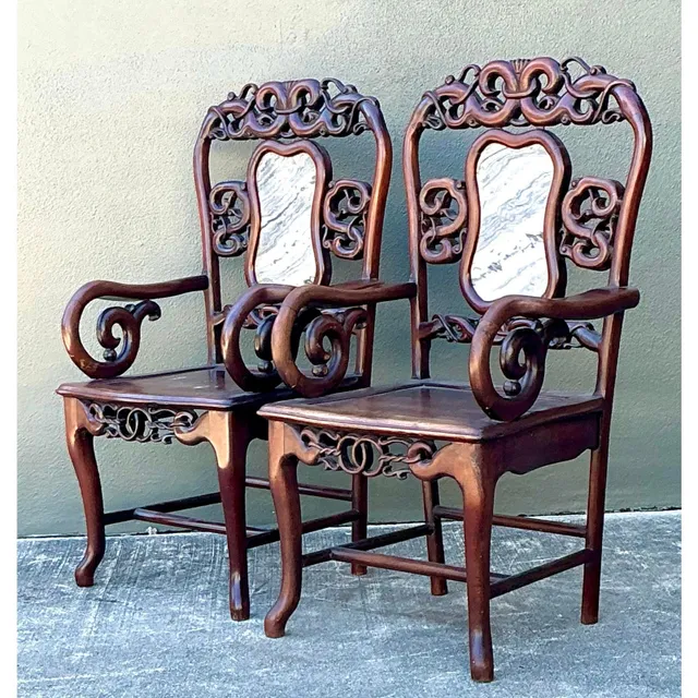 Vintage Asian Carved Hardwood Chairs - A Pair — additional photo 3