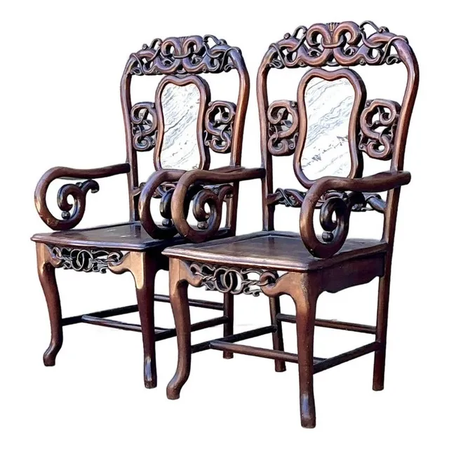 Vintage Asian Carved Hardwood Chairs - A Pair — additional photo 1