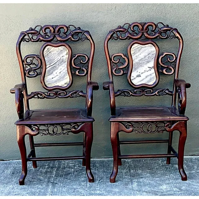 Vintage Asian Carved Hardwood Chairs - A Pair — additional photo 5