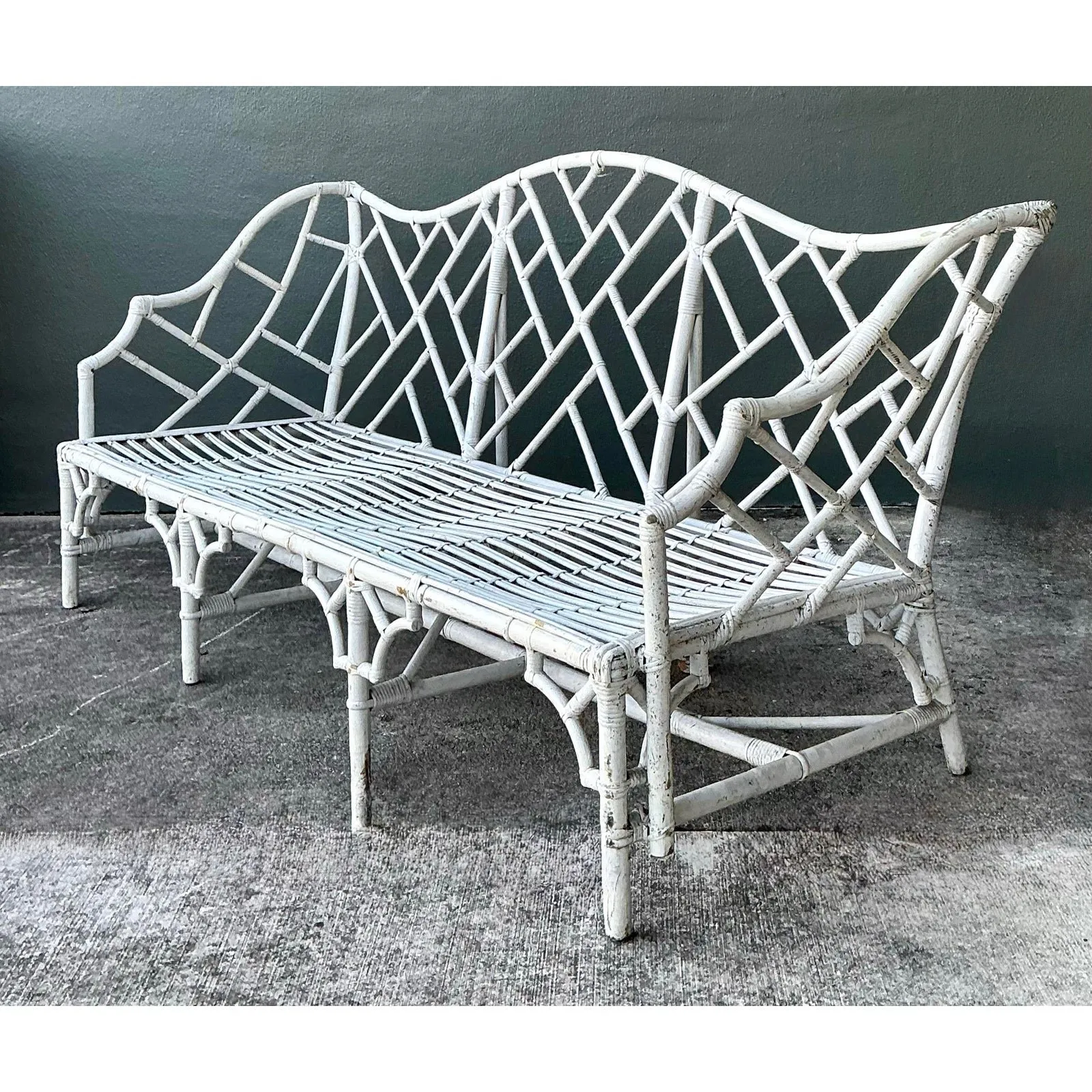 Vintage Chinese Chippendale Camel Back Rattan Sofa