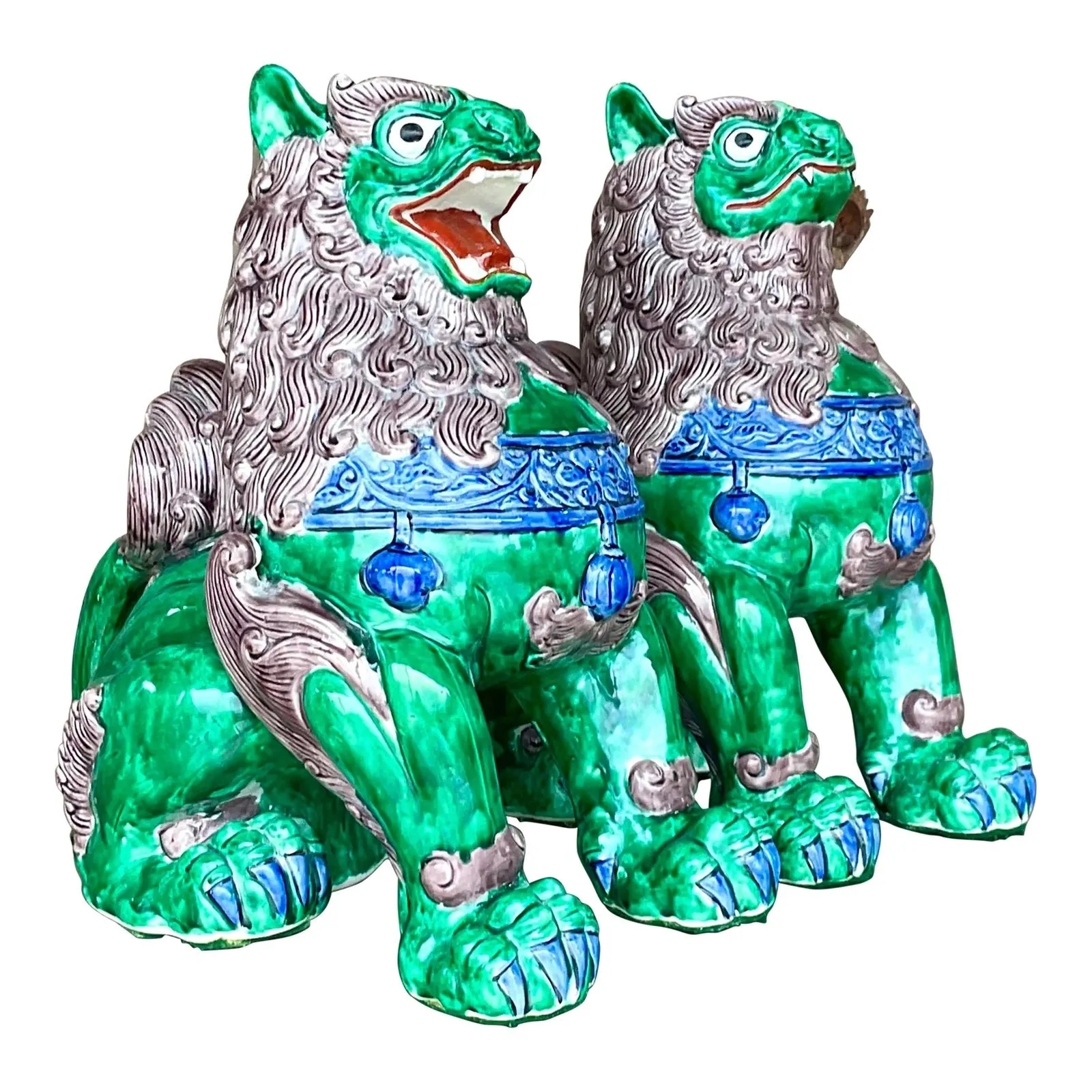 Vintage Asian Glazed Ceramic Foo Dogs - a Pair - Ceramic, 13W x 14.5H — additional photo 1