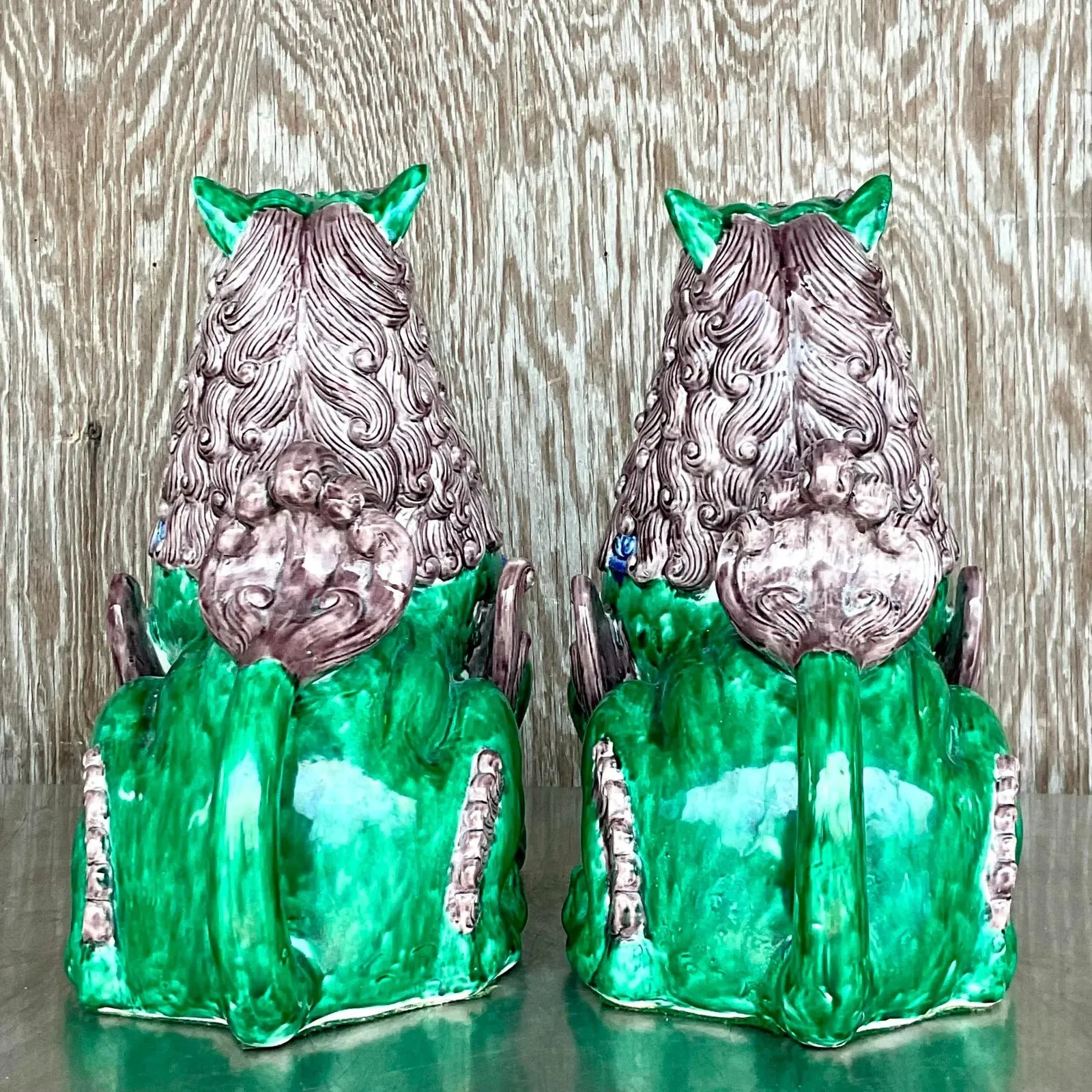 Vintage Asian Glazed Ceramic Foo Dogs - a Pair - Ceramic, 13W x 14.5H — additional photo 2