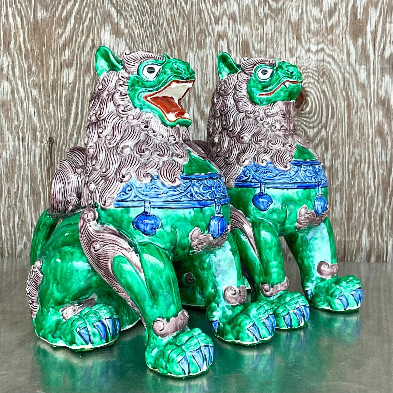 Vintage Asian Glazed Ceramic Foo Dogs - a Pair - Ceramic, 13W x 14.5H — additional photo 8