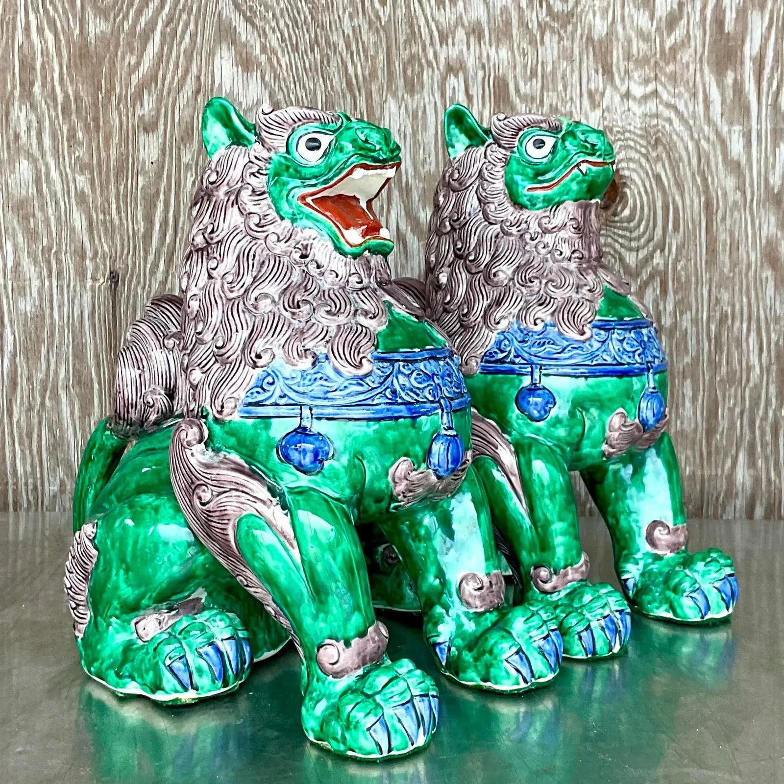 Vintage Asian Glazed Ceramic Foo Dogs - a Pair - Ceramic, 13W x 14.5H — additional photo 3