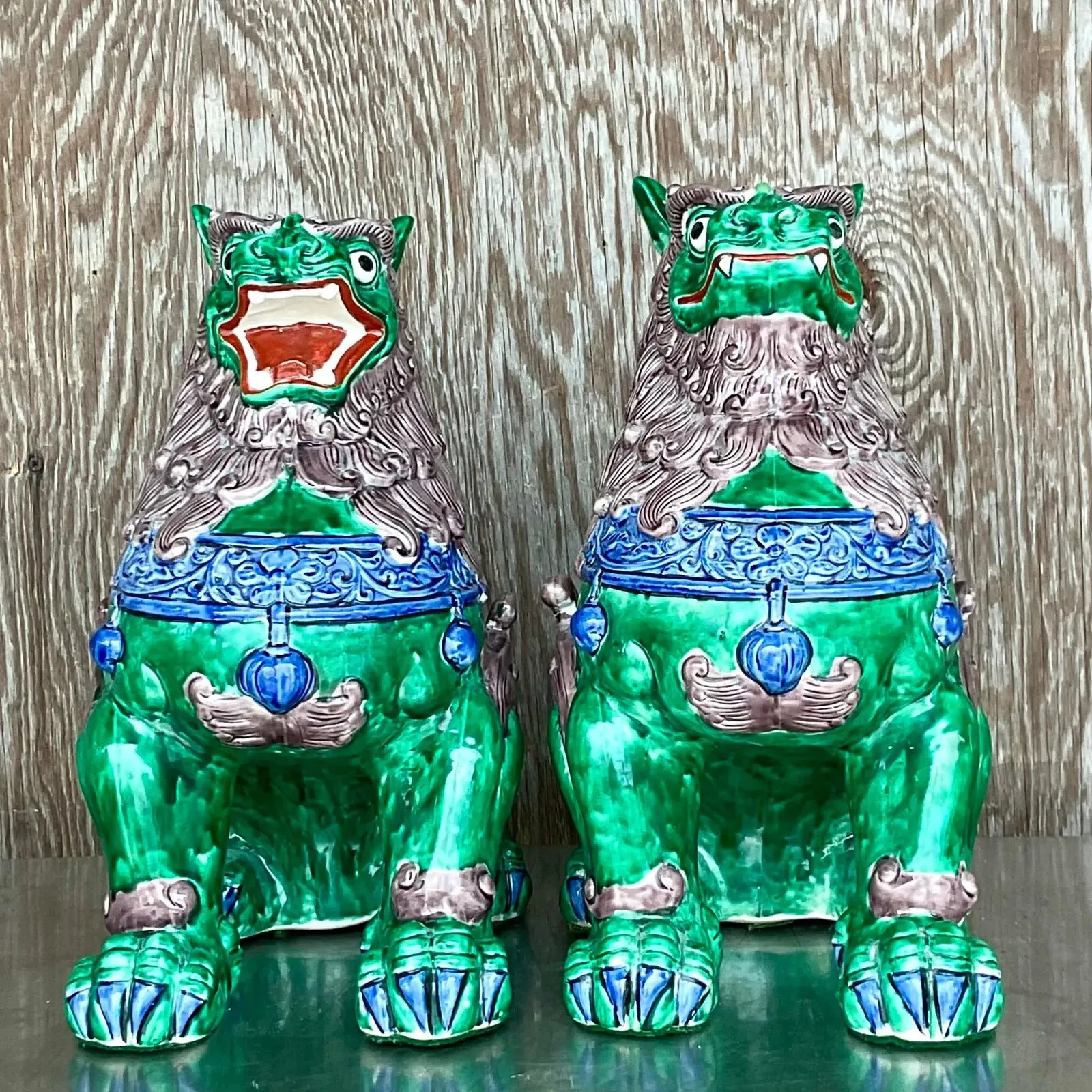 Vintage Asian Glazed Ceramic Foo Dogs - a Pair - Ceramic, 13W x 14.5H — additional photo 4