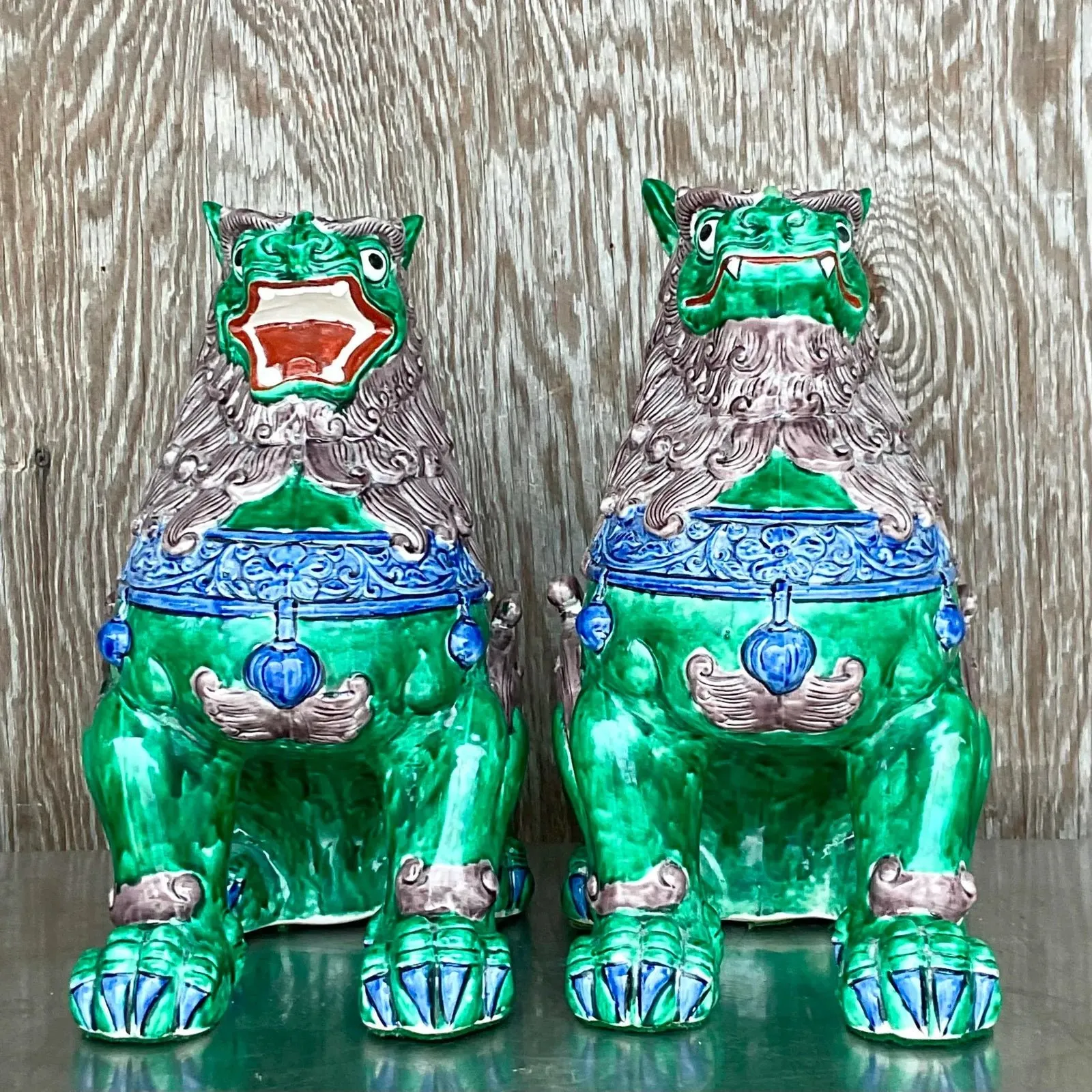 Vintage Asian Glazed Ceramic Foo Dogs - a Pair - Ceramic, 13W x 14.5H — additional photo 5